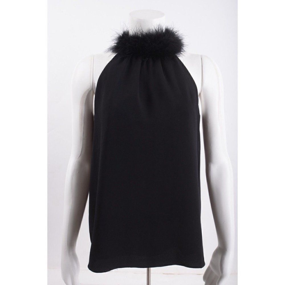Trina Turk Womens Grand Faux Feather Halterneck Top Blouse Shirt S Black NWT